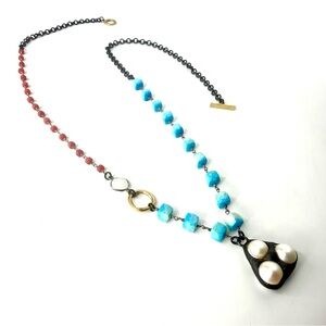 Turquoise Coral Necklace, Hand Soldered Pearl Pendant, Sterling Silver